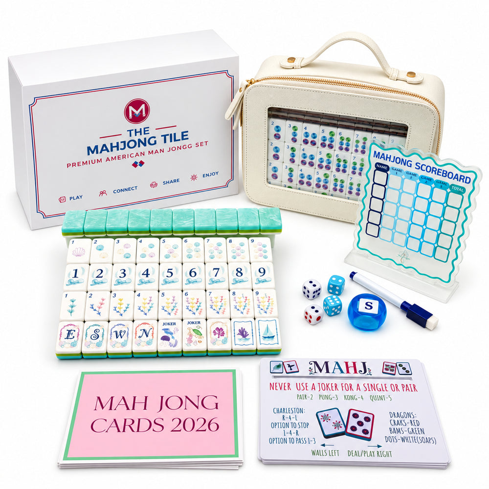 Complete package contents and 8-piece bundle display for the large-size Coastal Ocean American Mahjong set from the Artistry Collection by The Mahjong Tile, featuring carrying case, racks, scoreboard, and cards.