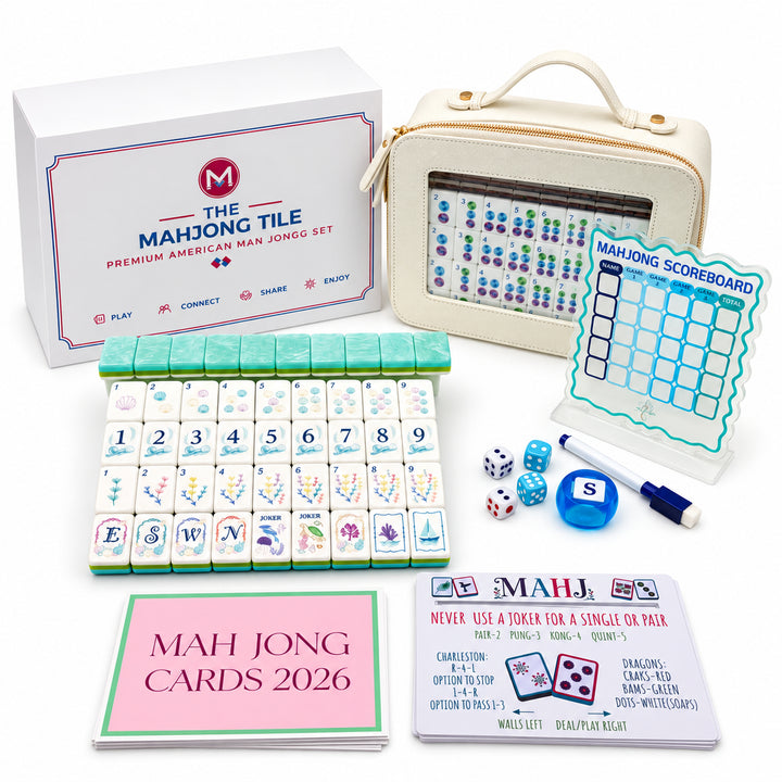 Complete package contents and 8-piece bundle display for the large-size Coastal Ocean American Mahjong set from the Artistry Collection by The Mahjong Tile, featuring carrying case, racks, scoreboard, and cards.