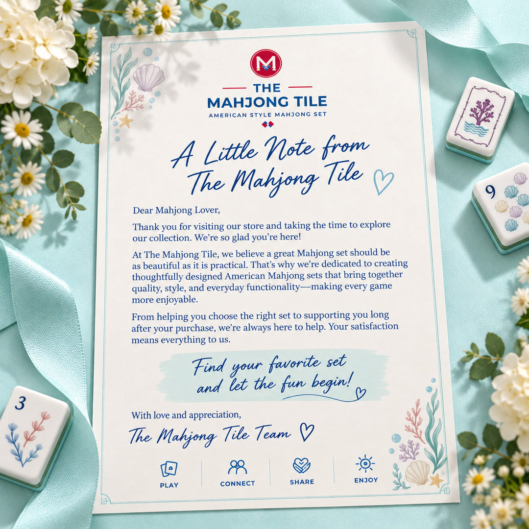 Brand thank you card and customer appreciation letter for the large-size Coastal Ocean American Mahjong set from the Artistry Collection by The Mahjong Tile, decorated with ocean elements and tiles.