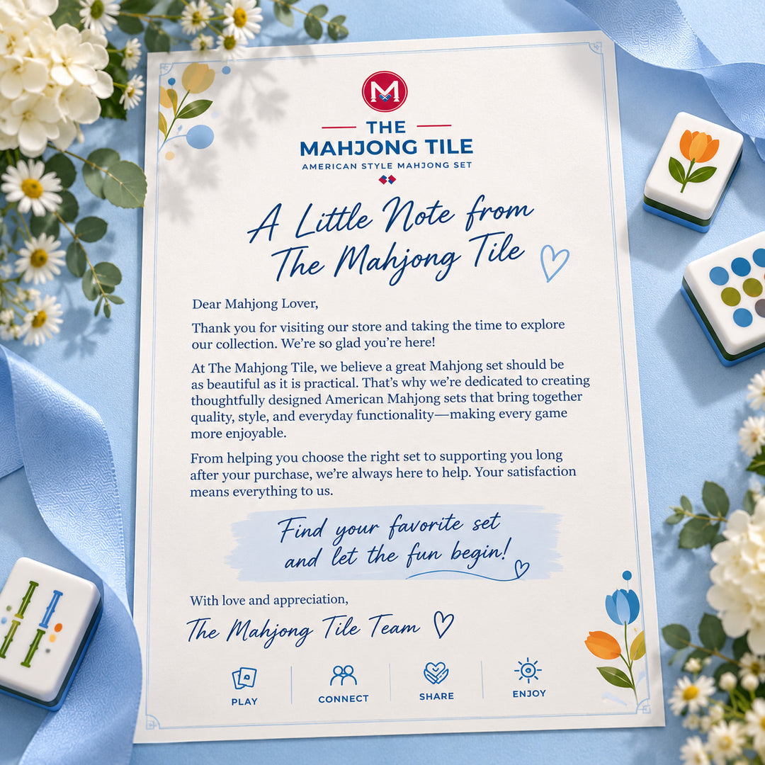 Brand thank you card and customer appreciation letter for the Geometric American Mahjong set from the Artistry Collection by The Mahjong Tile, styled with blue ribbons and geometric tiles.