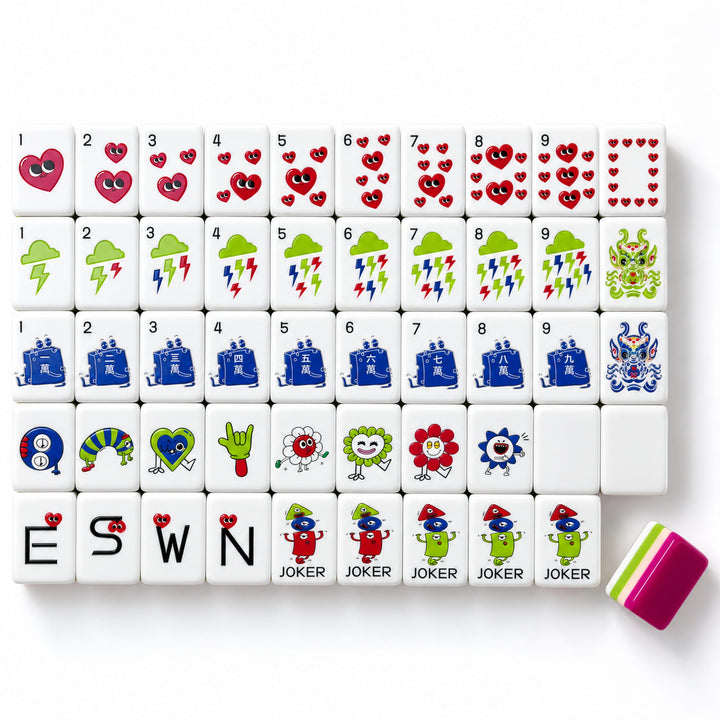 Heart American Mahjong tile set from the Artistry Collection by The Mahjong Tile, featuring colorful heart dot suit engravings, playful illustrated suit tiles, and vibrant pink-green layered tile backs.