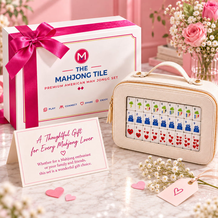 Luxury gift packaging presentation for the Heart American Mahjong set from the Artistry Collection by The Mahjong Tile, featuring a tied-ribbon retail box, cream carrying case, and gift card.