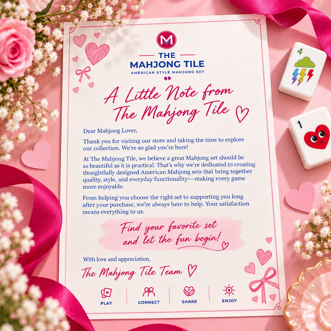 Brand thank you note and customer appreciation card for the Heart American Mahjong set from the Artistry Collection by The Mahjong Tile, styled with pink roses and heart tiles.
