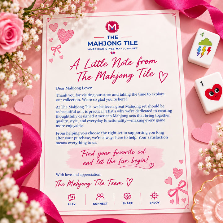 Brand thank you note and customer appreciation card for the Heart American Mahjong set from the Artistry Collection by The Mahjong Tile, styled with pink roses and heart tiles.