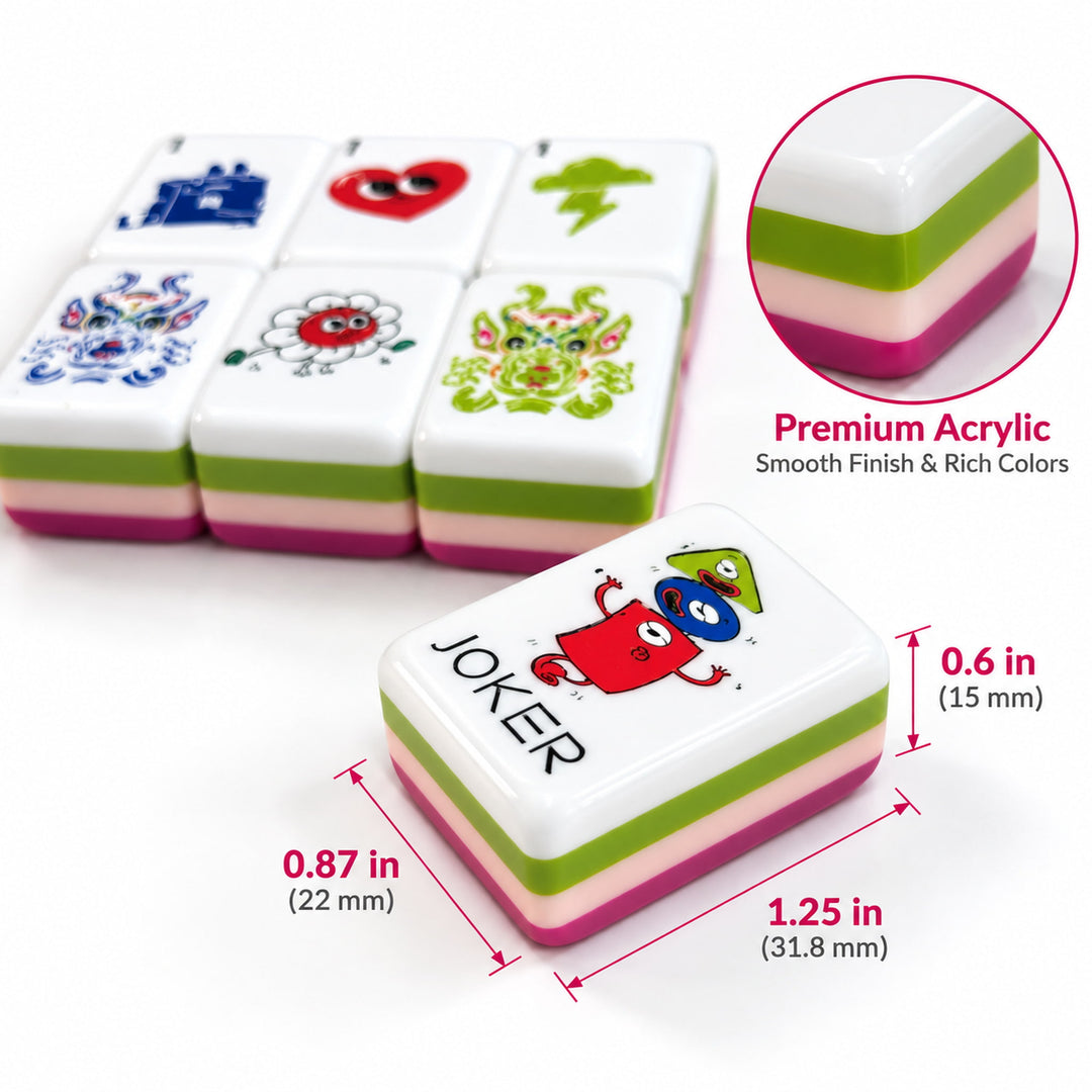 Product dimensions infographic for the Heart American Mahjong tile from the Artistry Collection by The Mahjong Tile, showing 1.25 x 0.87 x 0.6 inches measurements and premium layered acrylic construction.