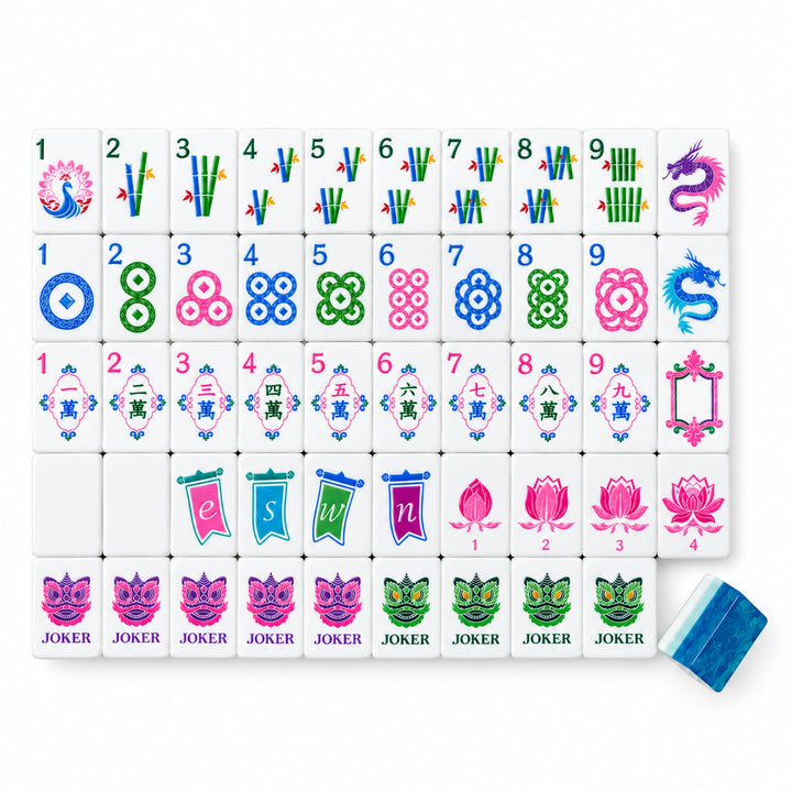 Full layout of the Classic Bloom American Mahjong tile set in Ocean Blue by The Mahjong Tile, showcasing all tiles with traditional illustrations and a sample blue tile in the corner.