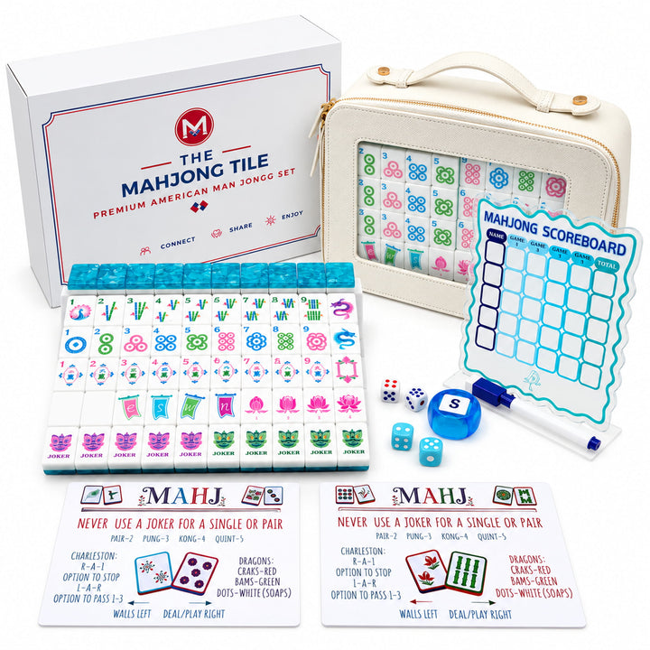 Complete 8-piece bundle contents included with the Classic Bloom American Mahjong set in Ocean Blue by The Mahjong Tile, featuring 166 tiles, mixer cards, dice, scoreboard, and carrying bag.