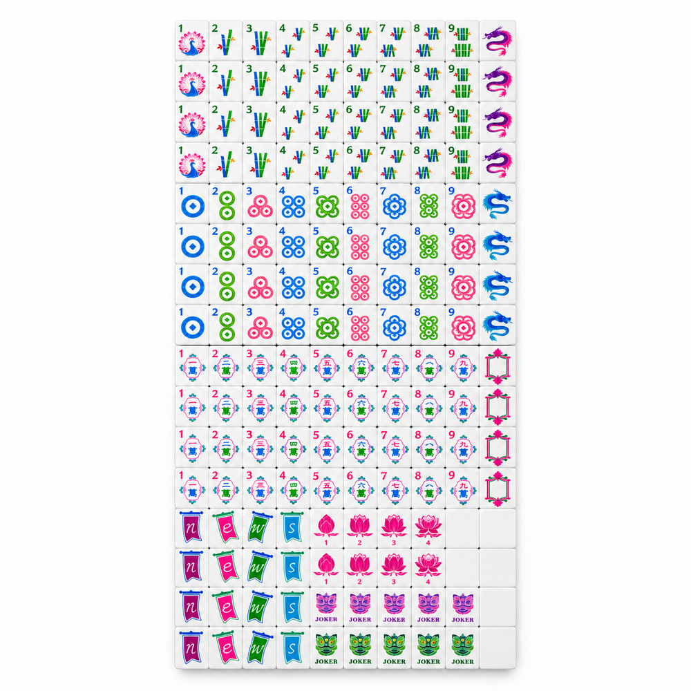 Complete grid layout of all 166 tiles for the Classic Bloom American Mahjong set in Ocean Blue by The Mahjong Tile, showing detailed suits, flowers, and joker tiles.