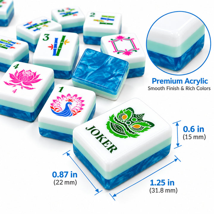 Close-up view of a single Ocean Blue acrylic American Mahjong tile from The Mahjong Tile Classic Bloom collection, highlighting precise dimensions (1.25 x 0.87 x 0.6 inches) and premium acrylic finish.