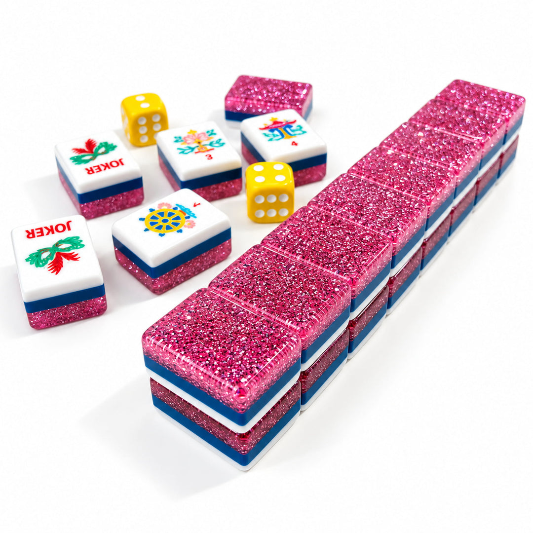 Close-up detail of shimmering rose pink glitter tile backs and multi-layer acrylic construction for the Classic Heritage American Mahjong set by The Mahjong Tile.
