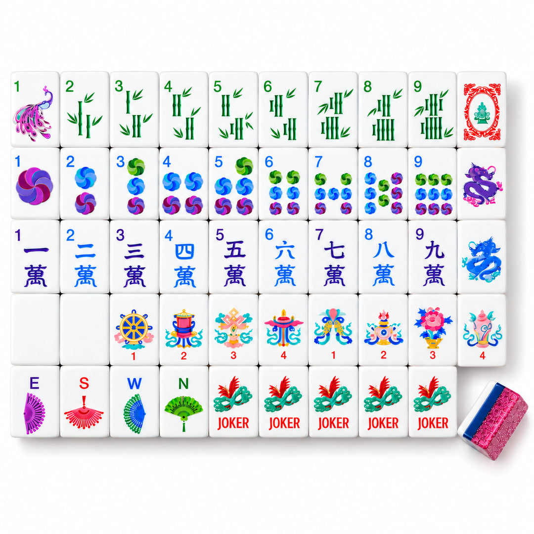 Rose Glitter Classic Heritage American Mahjong set by The Mahjong Tile, featuring traditional Chinese motif engravings and shimmering rose pink glitter acrylic tile backs.