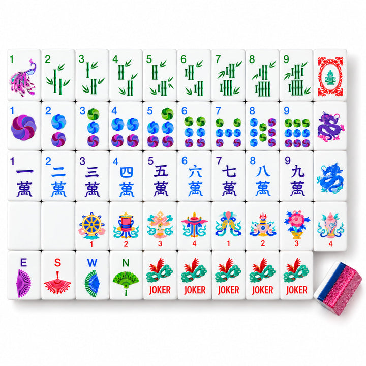Rose Glitter Classic Heritage American Mahjong set by The Mahjong Tile, featuring traditional Chinese motif engravings and shimmering rose pink glitter acrylic tile backs.