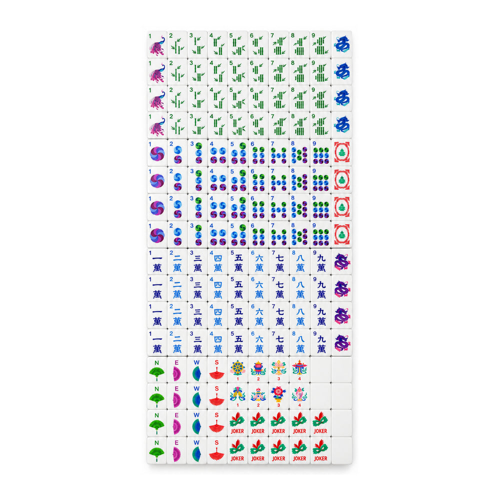 Full suits and tiles display for the Classic Heritage Rose Glitter American Mahjong set by The Mahjong Tile, showcasing bams, dots, craks, flowers, winds, dragons, and jokers.