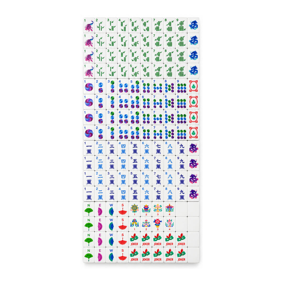 Full suits and tiles display for the Classic Heritage Rose Glitter American Mahjong set by The Mahjong Tile, showcasing bams, dots, craks, flowers, winds, dragons, and jokers.