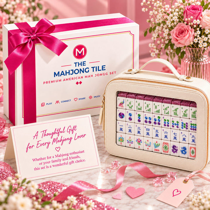 Luxury gift packaging presentation for the Classic Heritage Rose Glitter American Mahjong set by The Mahjong Tile, including a tied-ribbon retail box, cream carrying case, and gift card.