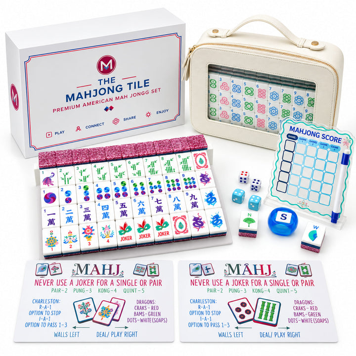 Complete 8-piece bundle and gift box package details for the Classic Heritage Rose Glitter American Mahjong set by The Mahjong Tile, featuring a cream carrying case, retail box, tile racks, dice, scoreboards, and reading cards.