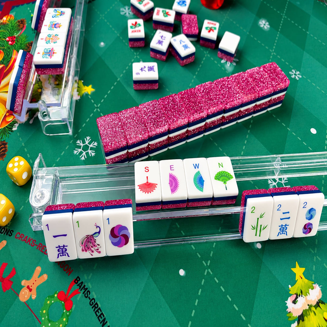 Real game night setup of Classic Heritage Rose Glitter American Mahjong set displayed on a green game mat with clear acrylic racks by The Mahjong Tile.