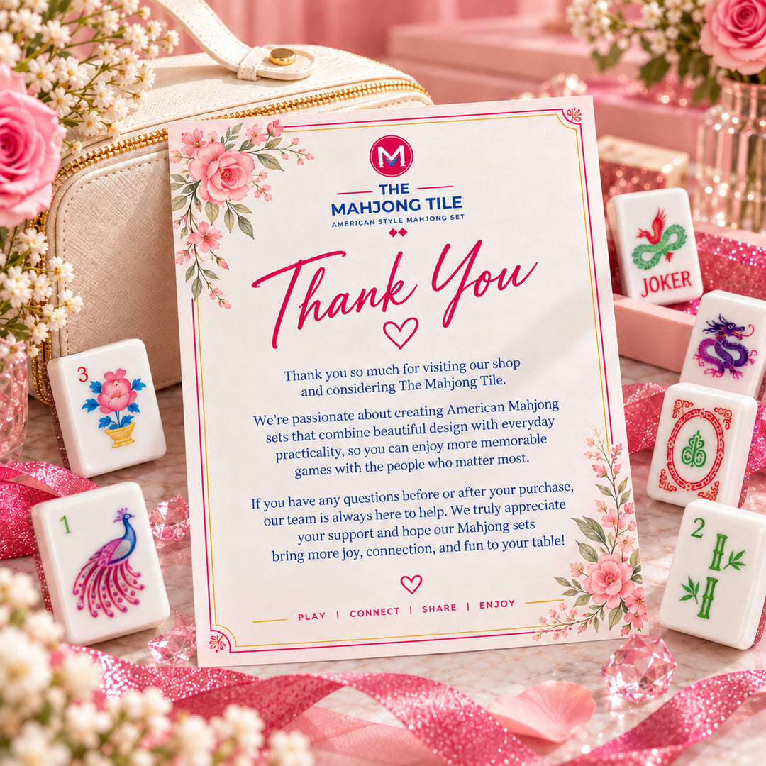 Brand thank you card and customer appreciation note presented with the Classic Heritage Rose Glitter American Mahjong set by The Mahjong Tile, surrounded by tiles and luxury packaging.