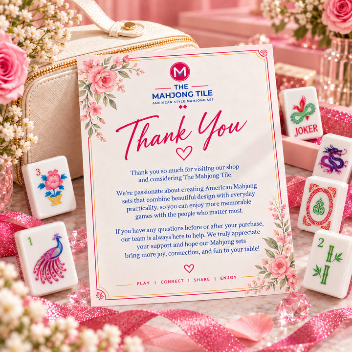 Brand thank you card and customer appreciation note presented with the Classic Heritage Rose Glitter American Mahjong set by The Mahjong Tile, surrounded by tiles and luxury packaging.