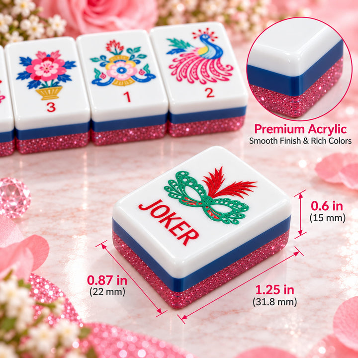 Product dimensions infographic for Classic Heritage Rose Glitter American Mahjong tile showing 1.25 x 0.87 x 0.6 inches measurement and premium acrylic construction.